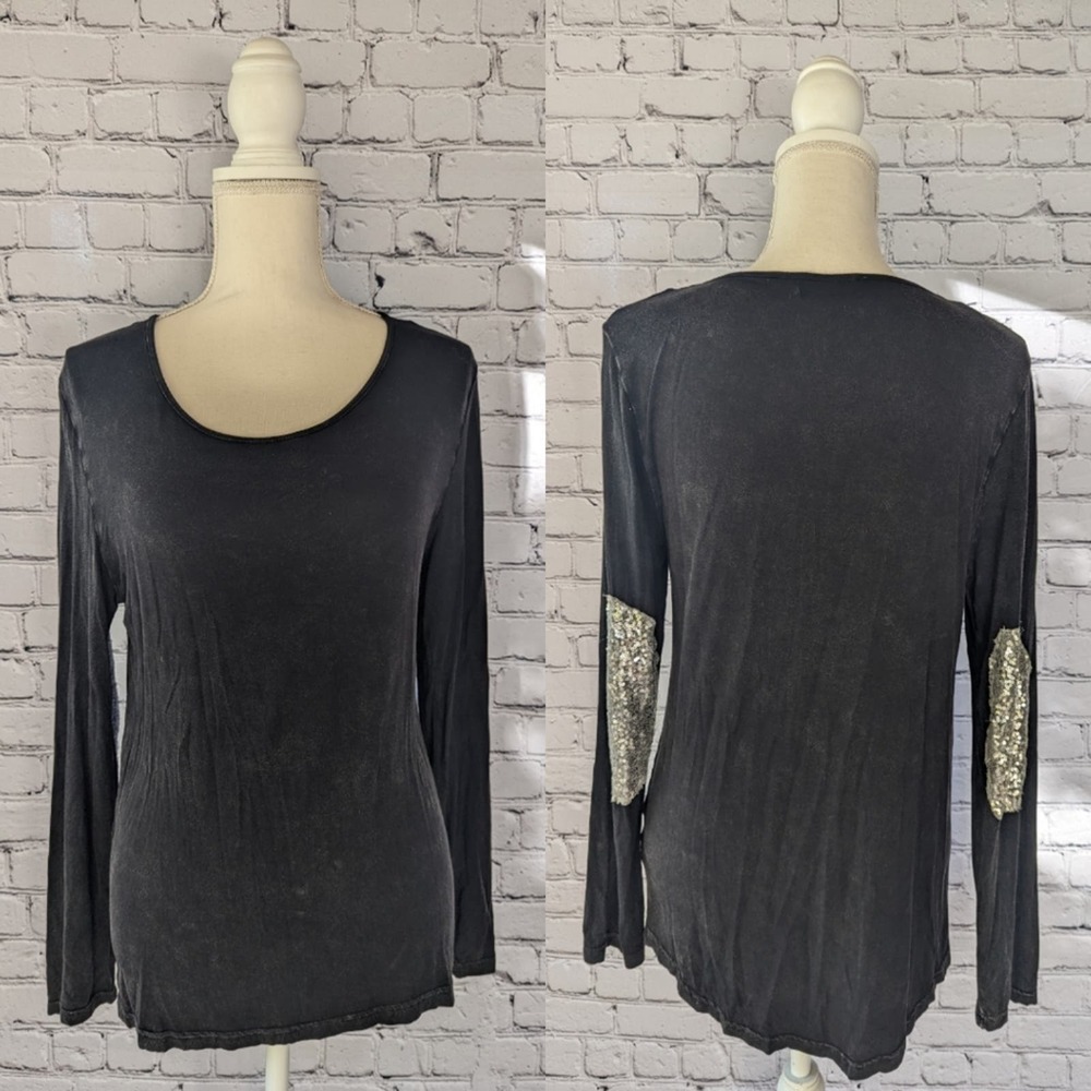 POL Boutique Acid Wash Long Sleeve Sequin Elbow Patch Top Women's Small